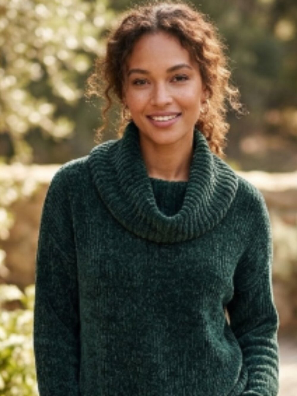 Lands' End Dark Green Chenille Cowl Neck Tunic Sweater M